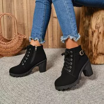 Women High Heel Ankle Boots Autumn Woman Fashion Short Boots Ladies Buckle Platform Artificial Leather Booties Botas De Mujer 36 чёрный