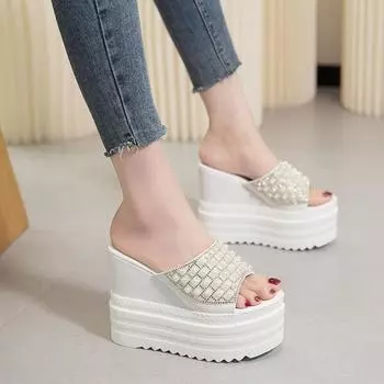 Women High heel Fashion Summer Outside slippers Sweet Pearl rhinestones Flip flops slides Platform Beach Shoes Non-slip Sandals 34 белый