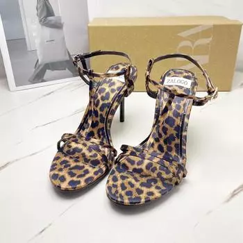 Women High Heel Sandals Summer New Fashion Gold Metal Decoration Fashion Buckle Open Toe Stiletto Heel Leopard Print Sandals 39