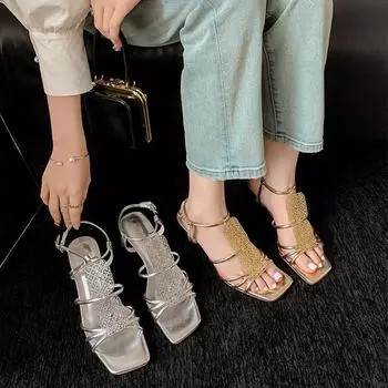 Женские босоножки на высоком каблуке-шпильке Женские сексуальные босоножки для вечернего платья Летние новые шлепанцы Туфли-лодочки с острым носком Брендовые женские шлепанцы 35 золотой