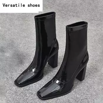 Женские ботильоны на высоком каблуке, кожаные туфли с квадратным носком, модные брендовые зимние ботинки челси, новые тенденции, зимние носки, ботинки 35