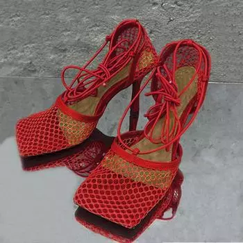Women High Heels Mesh Sandals Pumps 2025 Summer Sexy Strappy Hollow Roman Shoes New Open Toe Sandals Size 35-43 Sandalias Mujer 35