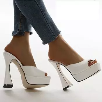 Женские босоножки на высоком каблуке Туфли на платформе Летние туфли с открытым носком Белые каблуки Черные Новые вечерние выпускные розовые толстые каблуки 35 чёрный