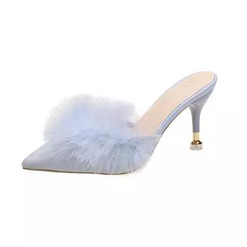 Women High Heels Slippers 2025 Summer New Fur Pointed Toe Thin Heels Women Mules Dress Party Outside Ladies Shoes Pantuflas 34