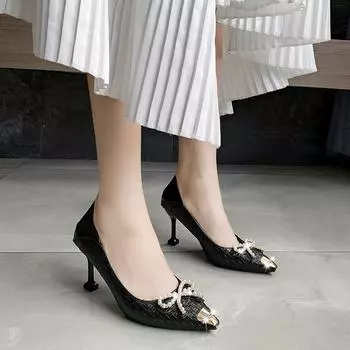 Women High Heels Stiletto Pumps Pointed Toe Rhinestone Heels Office Lady Shiny Bowknot Wedding Party Prom Leather Shoes 34