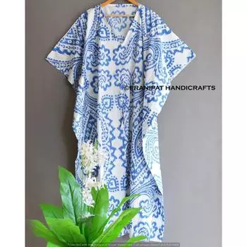 Женское летнее ночное белье в стиле хиппи из хлопка с принтом икат, синее длинное платье-кафтан CKFTN-SCRN-FULL-BUYIT-094