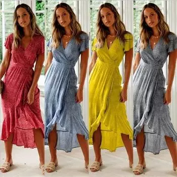 Женское праздничное платье миди с цветочным принтом и оборками с коротким рукавом и V-образным вырезом, большие размеры S-5XL S чёрный