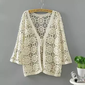 Women Hollow Lace Sunscreen Cardigan Sweater Wide Loose Air Conditioning Knitted Sweater Thin Section Female Spring Autumn one size