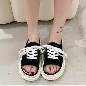 Women Hollow Out Slippers Sexy Lace-up Sandals Ladies Square Toe Plaid Canvas Cross Strap Female Summer New Casual Sandals 35