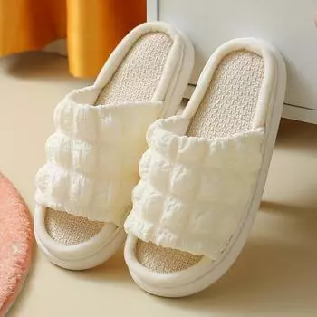 Женские домашние тапочки с открытым носком и перекрестными полосками на льняной подошве. Домашние тапочки с нескользящей льняной подошвой. Тапочки для ванной комнаты. 36-37 синий