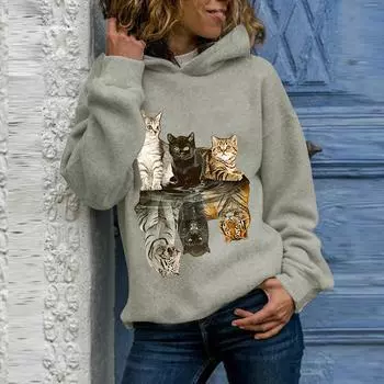 Women Hood Cat Printing Long Sleeves Pullover Blouses Sweatshirt Tops M