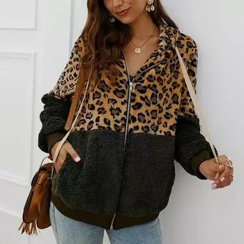 Women Hooded Bear Jackets Autumn Leopard Print Fleece Zipper Coat Outwear Winter ArmyGreen,XL