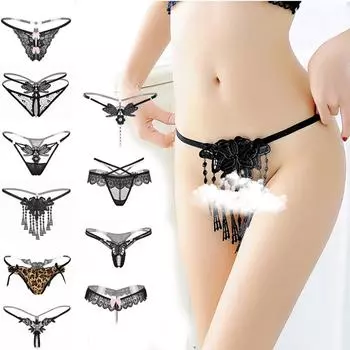 Women Hot Sexy Hollow Pearl Lace G-stings Embroidery Underwear T-back Panties Panties Lingerie B