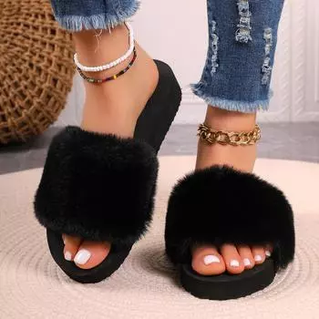Women House Autumn Winter Furry Slippers Non-Slip Casual Indoor Flats Floor Shoes Ladies Flip Flops Warm Shoes Solid Colors 36 серый