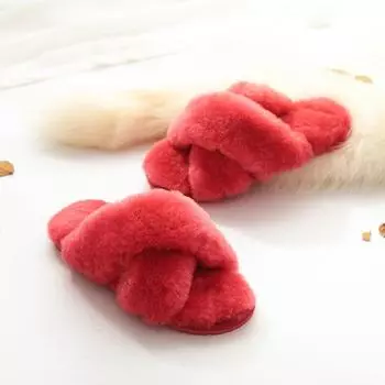 Women Indoor Slippers Real Wool 2024 Natural Sheepskin Home Slipper Winter Fur Slippers Wool Flip Flops Slipper Lady Home Shoes 34 красный