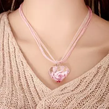 Women Inlaid Spiral Flowers Necklace Glass Heart Pendant Flower Pendant Ribbon Necklace фиолетовый