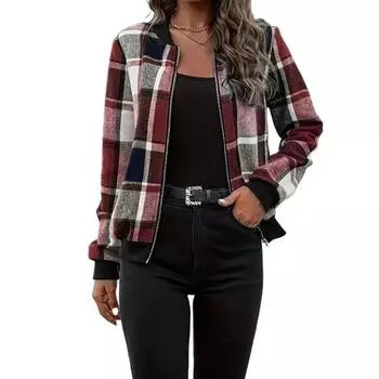 Women Jacket Stand Collar Long Sleeve Zipper Closure Short Jacket Plaid Print Ribbed Hem Cuff Casual Coat Daily Wear XXXL