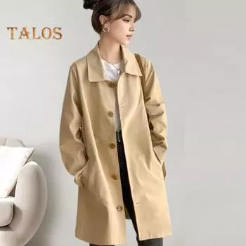 Женская куртка с отложным воротником, длинными рукавами, застегивающаяся на пуговицы, ветровка, свободные карманы, средней длины, для путешествий и поездок на работу, пальто M бежевый