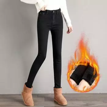 Women Jeans Stretch High Waist Thick Pencil Pants Casual Velvet Denim Trousers Female Warm Clothing Autumn Winter 25 синий