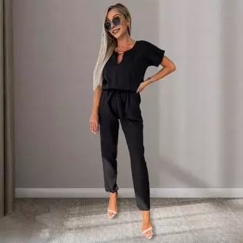 Женский комбинезон с V-образными рукавами, на шнуровке, с бантом, цветной, плиссированный, с тонкой талией, с однотонным вырезом, с короткими боковыми карманами, OL L розовый