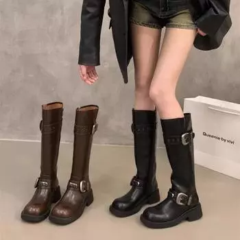 Women Knee High Boots Chunky Platform Punk Motorcycle Long Booties Goth Street Cool Shoes for Women Belt Buckle Retro Botas 35 чёрный