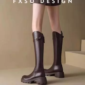 Женские сапоги до колена, модные длинные сапоги рыцаря на квадратном каблуке, осенне-зимние теплые короткие плюшевые туфли 35 коричневый