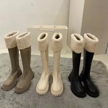 Women Knee High Boots Winter Warm Snow Shoes Ladies Casual Zipper Long Boots Female Comfortable Round Toe Footwear Botas Mujer 35 бежевый