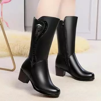 Women Knee High Heels Boots Leather Shoes Winter 2025 Trend Brand New Gladiator Casual Shoes Fashion Luxury Chunky Botas Mujer 35 чёрный