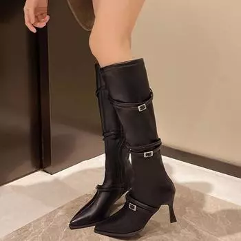 Women Knee High Heels Boots Sexy Pointed Toe Shoes Winter 2025 Trend New Elegant Chelsea Boots Outdoor Walking Pumps Botas Mujer 35 белый