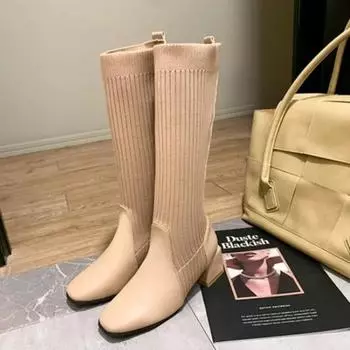 Women Knee-High Sock Boots 2024 New Fashion Knitting Stretch Cloth PU Stitching Long Boots Female Square Toe High Heels 34-40 34 чёрный