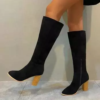 Women Knee High Western Boots Autumn New Black High Heels Pointed Toe Cowgirl Boots Woman Fashion Chunky Heel Side Zipper Boots 36 коричневый