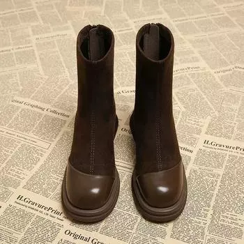 Women Knit Ankle Boots Fashion Slip on Slimming Short Booties Autumn Winter Female Elastic Sock Thick Heel Shoes Botas De Mujer 35 чёрный