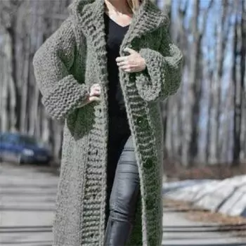 Women Knit Long Sleeve Warm Hooded Thick Cardigan Coat Winter Fashion Plus Size Knitted Sweater Ladies Long Coat Cloak Outwear S темно серый