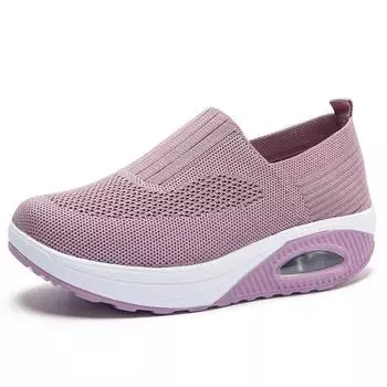 Women Knitted Mesh Sneakers Breathable Casual Sport Shoes Wedge Platform Rocking Shoes Increasing Ladies Vulcanized Shoes2024 36 бежевый