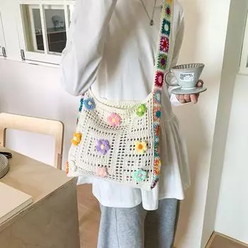 Women Knitted Shoulder Bag Casual Crochet Tote Bag Fashionable Woven Purse and Handbag Summer Beach Crossbody Bag 30x6x28cm