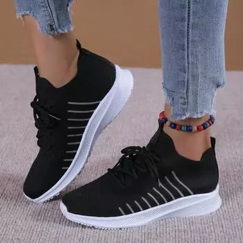 Women Knitting Platform Sneakers 2024 Autumn Casual Non Slip Flats Woman Lightweight Breathable Mesh Walking Shoes Plus Size 43 35 чёрный