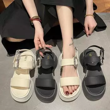 Women Korean Platform Sandals 2024 New Fashion Platform Rhinestone Buckle Peep Toe Shoes Female Casual Roman Beach Sandalias 35 чёрный