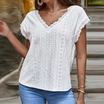 Женская кружевная рубашка с коротким рукавом, футболка с v-образным вырезом, нарядные повседневные топы, реглан с коротким рукавом, кружевной удобный хлопковый топ в рубчик с коротким рукавом XXL белый
