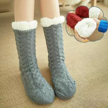 Женские мягкие пушистые меховые носки для сна, зимние теплые тапочки с флисовой подкладкой, популярные носки тёмно-синий