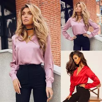 Женская весенняя однотонная рубашка с длинным рукавом и v-образным вырезом, повседневная удобная атласная футболка M розовый