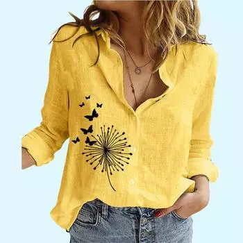 Women Lapel Neck Fashion Long Sleeve Shirt Thin Cotton Linen Top Casual Floral Print Blouses S белый
