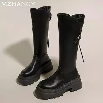 Women Leather Chunky High Boots Knee High Mid Heels Shoes Woman 2025 Trend Winter Fashion Designer Motorcycle Boots Mujer Botas 35 чёрный