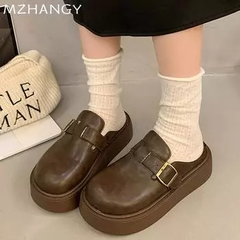 Женские кожаные туфли-мюли с открытой пяткой, туфли на плоской подошве, женская мода 2025 года, зимние короткие плюшевые теплые хлопковые тапочки, шлепанцы 35 чёрный