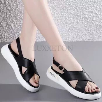 Women Leather Roman Sandals Summer Casual Thick Sole Shoes Lady Soft Gladiator Sandals Girl Walking Shoes Female Mujer Zapatos 35 бежевый