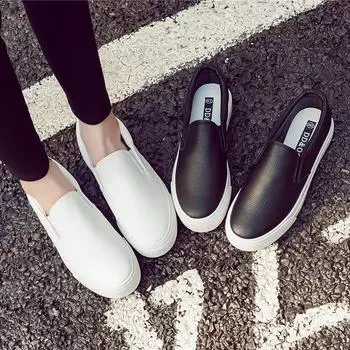 Women Leather Shoes Spring Trend Casual Female New Fashion Comfort Slip-on Platform Vulcanized Shoes 5 чёрный