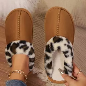 Women Leopard Flats Fur Slippers Cotton Shoes Winter 2025 Trend New Casual Mules Shoes Short Plush Warm Flip Flops Mujer Zapatos 36-37 верблюд
