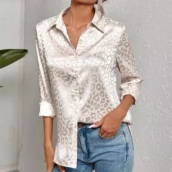 Women Leopard Print Luxury Blouse Spring Summer Long Sleeve Lapen Vintage Button Up Shirt Office Lady Satin Tunics Harajuku Top XL абрикосовый
