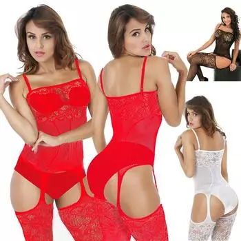 Women Lingerie Sexy Body Stocking Sleepwear Lace Teddy Dress Babydoll Nightwear Pink