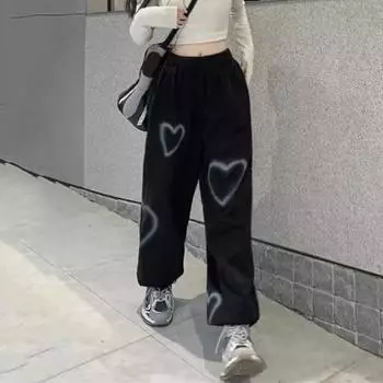 Женские длинные эластичные брюки с высокой талией и широкими штанинами, брюки с принтом, повседневные спортивные штаны в уличном стиле S чёрный