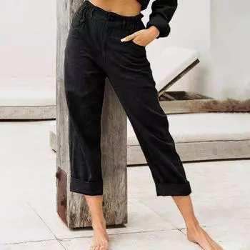 Женские длинные брюки, эластичные повседневные брюки с высокой талией и пуговицами на молнии, однотонные свободные брюки прямого кроя с карманами S синий